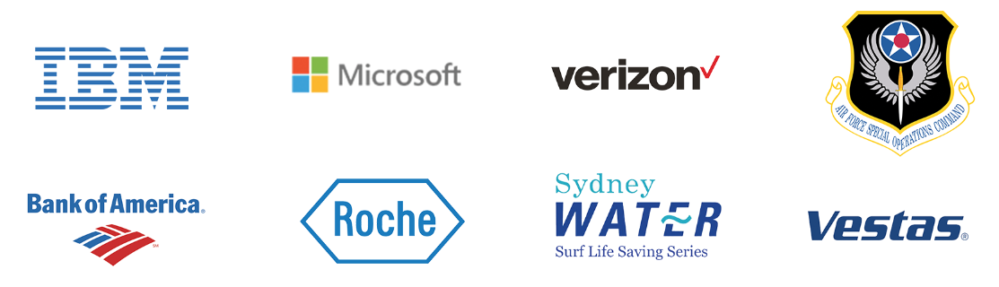 scrum & agile consulting clients logos, IBM, Microsoft, Verizon, Airforce Specials Operations Command, Bank of America, Roche, Sydney Water Surf Life Serving Series, Vestas
