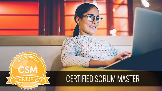 Woman smiling in front of laptop, certified scrum master, Scrum Alliance CSM Certified Badge